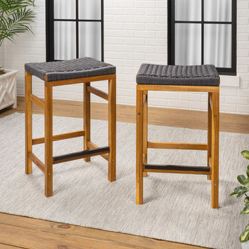 Armand 25.6" Modern Coastal Backless Acacia Wood Outdoor Counter Stool with Woven Rope Seat
